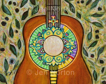 Catholic musical guitar and monstrance art print with keyboard and olive leaves