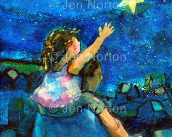 Father and Daughter "Reach for the Stars" Matted Art Print, Starry Night, gift for father, gift for daughter