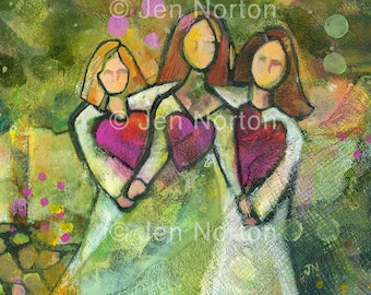 Three Sisters in the Garden Art Print, Sisterly Love, Hearts on Green, Gift for friends