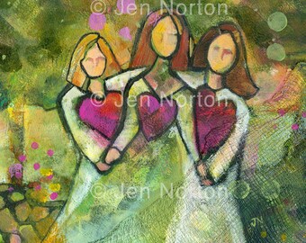 Three Sisters in the Garden Art Print, Sisterly Love, Hearts on Green, Gift for friends