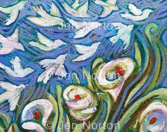 Lilies and Birds Art Print, Blue decor, Matthew 6:28, Consider the Lilies