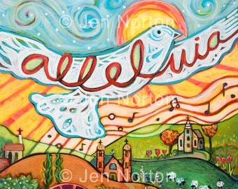 Sing Alleluia! Musical Landscape Art Print with piano, guitar, churches, flying dove.