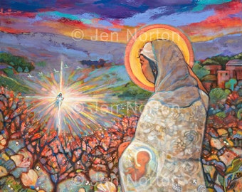 Visitation of Mary and Elizabeth Art Print, Blessed Mother, Jesus, John the Baptist, Hill Country