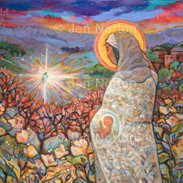 Visitation of Mary and Elizabeth Art Print, Blessed Mother, Jesus, John the Baptist, Hill Country