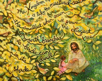 Mustard Seed painted parable, Kingdom of God, Become like Children, Jesus and children