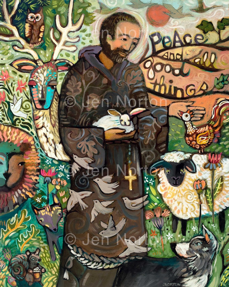 Saint Francis with Animals Folk Style Biblical Wall Art Print, Peace and all good things image 1