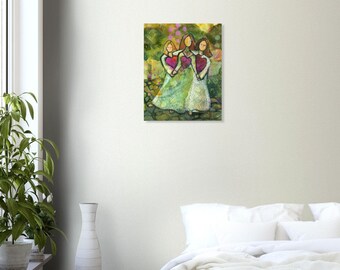 Three Sisters in the Garden Poster, Sisterly Love, Hearts on Green, Gift for friends