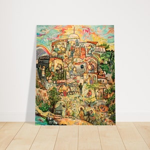 May include: A colorful painting depicting a city scene with the words "Thy Kingdom Come Thy Will Be Done" at the top. The painting is filled with people and animals, and it includes a variety of scenes, such as visiting the sick, feeding the hungry, and sheltering the homeless.