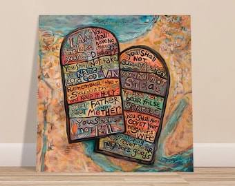 Ten Commandments Colorful Painted Word Poster, Gift for First Confession, Religious Wall Art