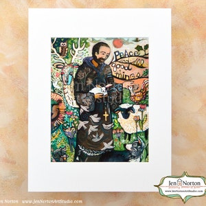 Saint Francis with Animals Folk Style Biblical Wall Art Print, Peace and all good things image 3