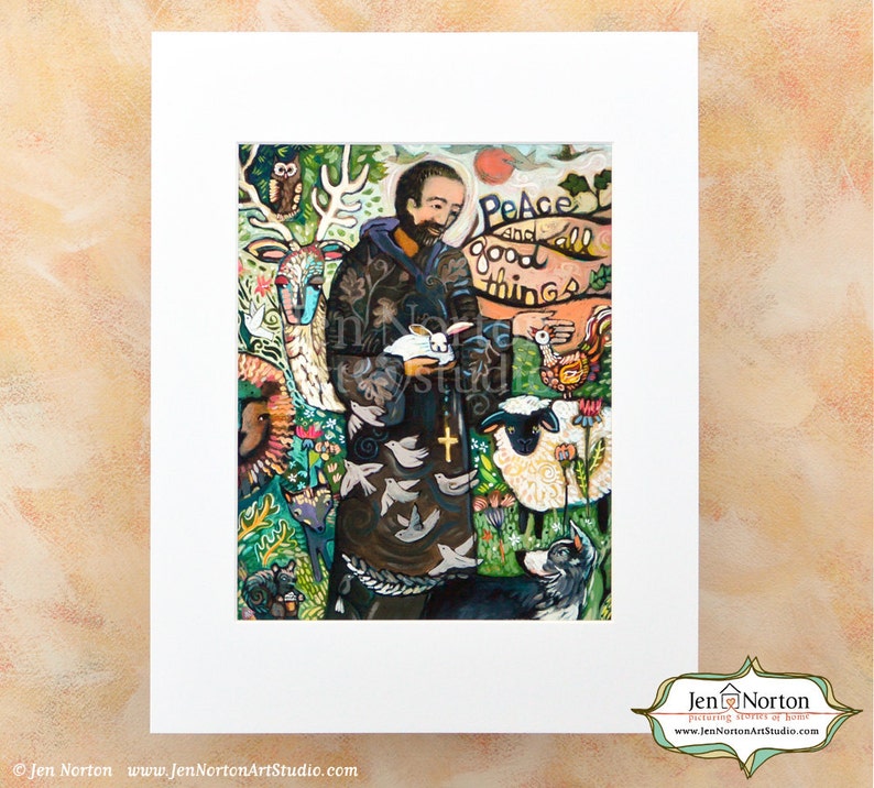 Saint Francis with Animals Folk Style Biblical Wall Art Print, Peace and all good things image 3