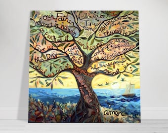 Our Father (The Lord&#39;s Prayer) Painted Prayer in Olive Tree, Colorful Catholic Christian Poster Art