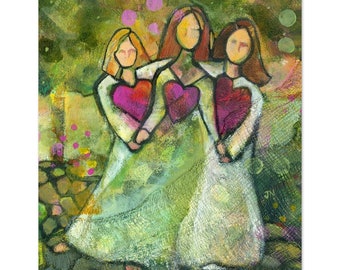 Three Sisters in the Garden Poster, Sisterly Love, Hearts on Green, Gift for friends
