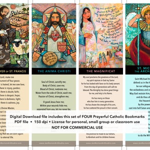 Set van 4 katholieke bladwijzers, afdrukbaar digitaal bestand, Sint-Franciscus, Heilige Moeder, Heilig Hart, Aartsengel Michaël, pdf, directe download.