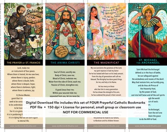 Set of 4 Catholic bookmarks, Printable digital file, St Francis, Blessed Mother, Sacred Heart, St. Michael Archangel, PDF, Instant Download.