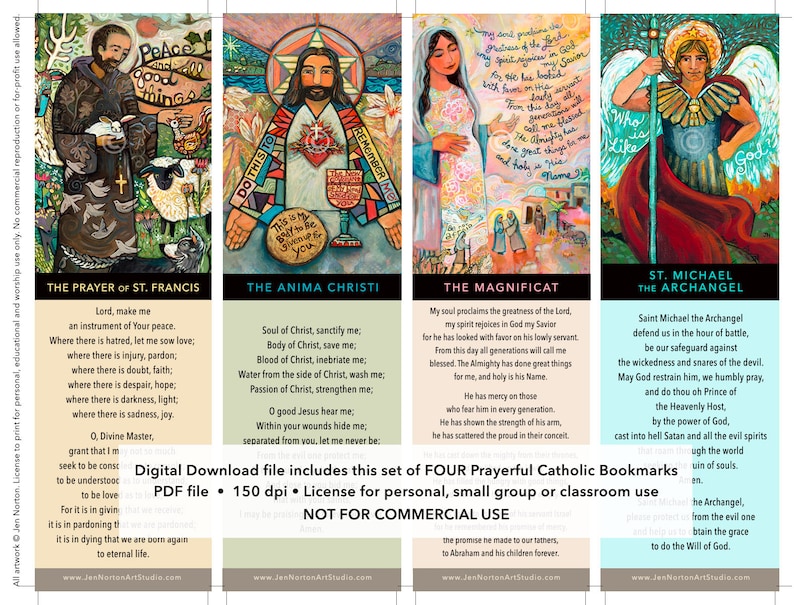 Set of 4 Catholic bookmarks, Printable digital file, St Francis, Blessed Mother, Sacred Heart, St. Michael Archangel, PDF, Instant Download. image 1