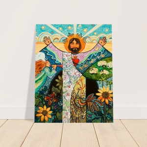May include: A colorful painting of Jesus Christ with outstretched arms, surrounded by images of nature, including birds, fish, sheep, flowers, and butterflies. The painting is done in a whimsical style with bright colors and bold lines.