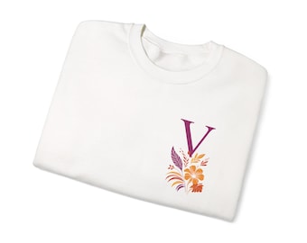 Sweater met bloemenmonogram V | Letter V met oranje bloemen