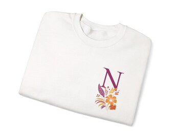 Sweater met bloemenmonogram N | Letter N met oranje bloemen