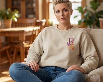 Sweater met bloemenmonogram B | Letter B met oranje bloemen