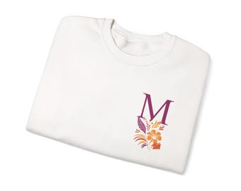Sweater met bloemenmonogram M | Letter M met oranje bloemen