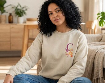 Sweater met bloemenmonogram C | Letter C met oranje bloemen