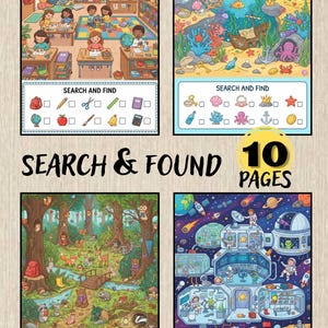 May include: A 10-page search and find activity book featuring four colorful illustrated scenes: a classroom, an underwater ocean landscape, a forest with animals, and a space station. Each scene includes a checklist of items to locate.