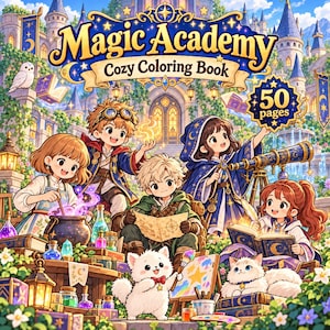 Op de afbeelding: Een Magic Academy Cozy Coloring Book met 50 pagina's, met een illustratie van vier kinderen in tovenaarsgewaden, een witte kat met een penseel en een witte kat die op boeken rust, tegen een kasteelachtergrond met drankjes en sterren.