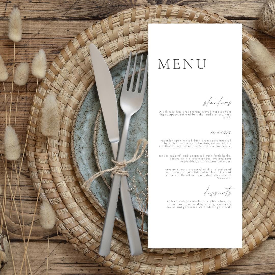 Wedding Menu Plated Menu Printable Wedding Menu DIY Wedding Decor ...