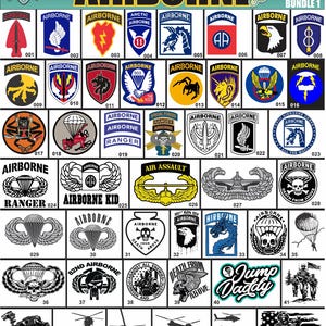 Puede incluir: Un paquete de diseño digital con varios distintivos y gráficos de la U.S. Army Airborne. Incluye parches, logotipos e ilustraciones con texto como "Air Assault", "Jump Daddy" y "82nd Airborne".