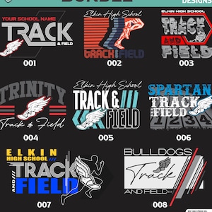 Könnte beinhalten: Ein Paket mit acht Track-and-Field-Designs. Jedes Design zeigt die Wörter "Track & Field" mit Grafiken wie Lauffiguren und geflügelten Schuhen. Die Designs sind in verschiedenen Farben gehalten, darunter Rot, Blau und Grau.