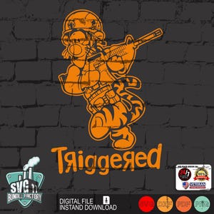 May include: Orange cartoon illustration of a soldier with the word "Triggered" in orange. The soldier is wearing a helmet and holding a rifle. The background is a dark gray brick wall. Includes the text "DIGITAL FILE INSTAND DOWNLOAD".