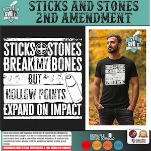 Pode incluir: Camiseta preta com o texto "STICKS + STONES BREAK MY BONES BUT HOLLOW POINTS EXPAND ON IMPACT". O design inclui um gráfico de bala. A imagem também mostra um homem vestindo a camiseta.