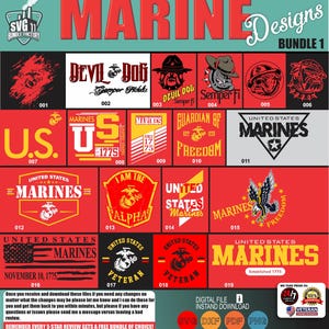 Könnte beinhalten: Eine Sammlung von Designs zum Thema Marine Corps in Rot, Weiß und Schwarz. Die Designs enthalten Texte wie "Devil Dog", "Semper Fi" und "United States Marines". Das Bild enthält auch den Text "Bundle 1" und "Digitaler Datei-Sofort-Download."