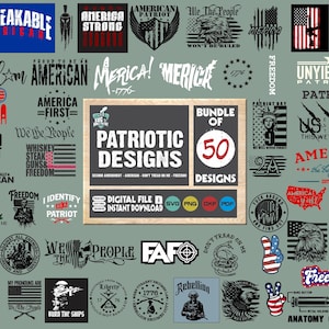 May include: A digital download bundle of 50 patriotic designs featuring American flags, eagles, and other patriotic imagery. The designs are perfect for creating t-shirts, mugs, and other crafts.