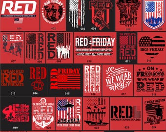 May include: A collection of 30 Red Friday designs featuring red, white, and blue colour schemes. The designs include text such as "Red Friday", "Remember Everyone Deployed", and "On Fridays We Wear Red".
