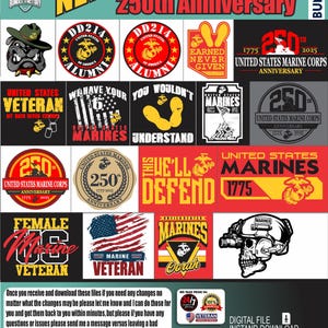 Könnte beinhalten: Ein digitales Dateipaket mit Designs für das United States Marine Corps. Die Designs umfassen Logos, Embleme und Texte wie "Marine Veteran", "250th Anniversary" und "DD214". Das Farbschema ist hauptsächlich rot, gelb und schwarz.