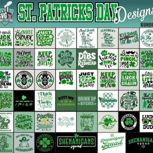 Puede incluir: Una colección de 36 diseños para el Día de San Patricio con tréboles verdes, duendes y refranes irlandeses. Los diseños son perfectos para crear camisetas, tazas, bolsas de mano y otros productos.