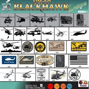 Może przedstawiać: Pakiet cyfrowych projektów przedstawiający różne ilustracje i emblematy helikoptera UH-60 Blackhawk. Projekty obejmują sylwetki, szczegółowe rysunki i motywy patriotyczne z flagą amerykańską. Tekst zawiera "UH-60 BLACKHAWK Designs" i "Air Cav".