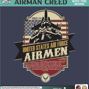 Peut inclure: Un design numérique avec le texte "US Air Force Airman Creed" et une illustration d'un aviateur et d'un avion de chasse. Le design comprend le texte "United States Air Force Airmen" et le Credo de l'aviateur.