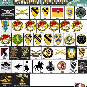 May include: A digital file bundle featuring various Cavalry Division designs. The collection includes numerous emblems, badges, and logos with military themes, such as crossed sabers, horse silhouettes, and unit insignias. The designs are in black, yellow, and red.