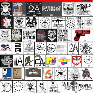 May include: A black and white grid of 55 squares, each containing a different design related to the Second Amendment. The designs include text, images of guns, and other patriotic symbols. The text includes phrases like "Second Amendment", "Patriot", "We the People", and "Don't Tread on Me".