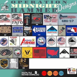 Puede incluir: Una colección de diseños de archivos digitales con temática militar. Los diseños incluyen texto como "Operation Midnight Hammer", "B2 Spirit" y "Defender Avenger". La colección incluye imágenes de aviones, banderas y emblemas patrióticos.