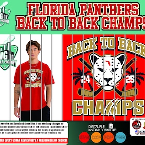 以下が含まれることがあります： パンサーの頭、ホッケーのスティック、そして「BACK TO BACK CHAMPS」の文字が描かれた赤いTシャツ。画像には「FLORIDA PANTHERS」の文字も含まれています。デザインは赤色の背景に白と金の配色です。