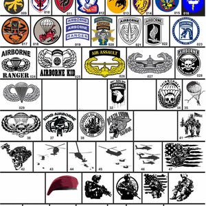 May include: A digital collection of U.S. Army Airborne and military-themed graphic designs featuring various unit patches, insignia, helicopters, soldiers, and skulls. The grid layout includes text labels like U.S. ARMY AIRBORNE and BUNDLE 1.