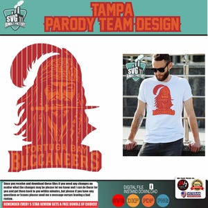 May include: A digital design featuring a red and orange illustration of a pirate with the text "Tampa Parody Team Design." The design includes the words "Tortuga Bay Buccaneers." A white t-shirt with the same design is also shown.