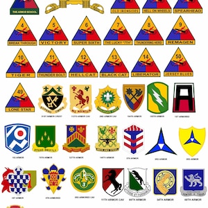 Pode incluir: Gráfico com vários emblemas de divisões blindadas militares. O design inclui patches triangulares com nomes e números de unidades, uma ilustração de tanque e o texto "NEW ARMY ARMORED DIVISIONS."