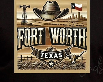 May include: A black t-shirt with a graphic design featuring a cowboy hat, a windmill, a skyline, and the text "Fort Worth, Texas".
