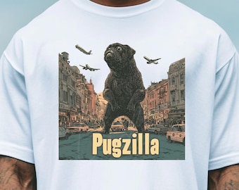 Pugzilla T-Shirt - Funny Retro Pugzilla Graphic Tee - Pug Lovers Gift - Cute Pug Shirt - Pug Couple Tee