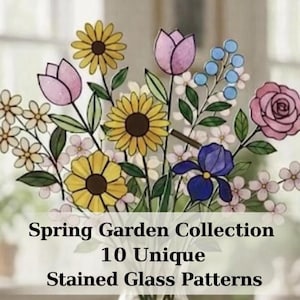 Blommönster i målat glas: Ros, tulpan, solros etc. (JPG/PNG-nedladdning)